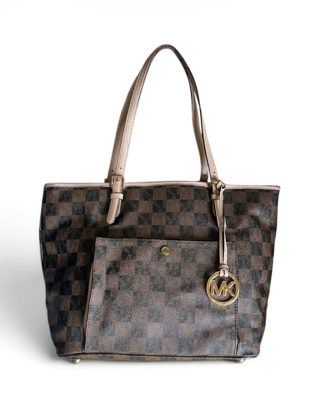 Michael Kors Ltd Ed Jet Set Travel Large Tote Bag Brown Checkerboard Logo Print